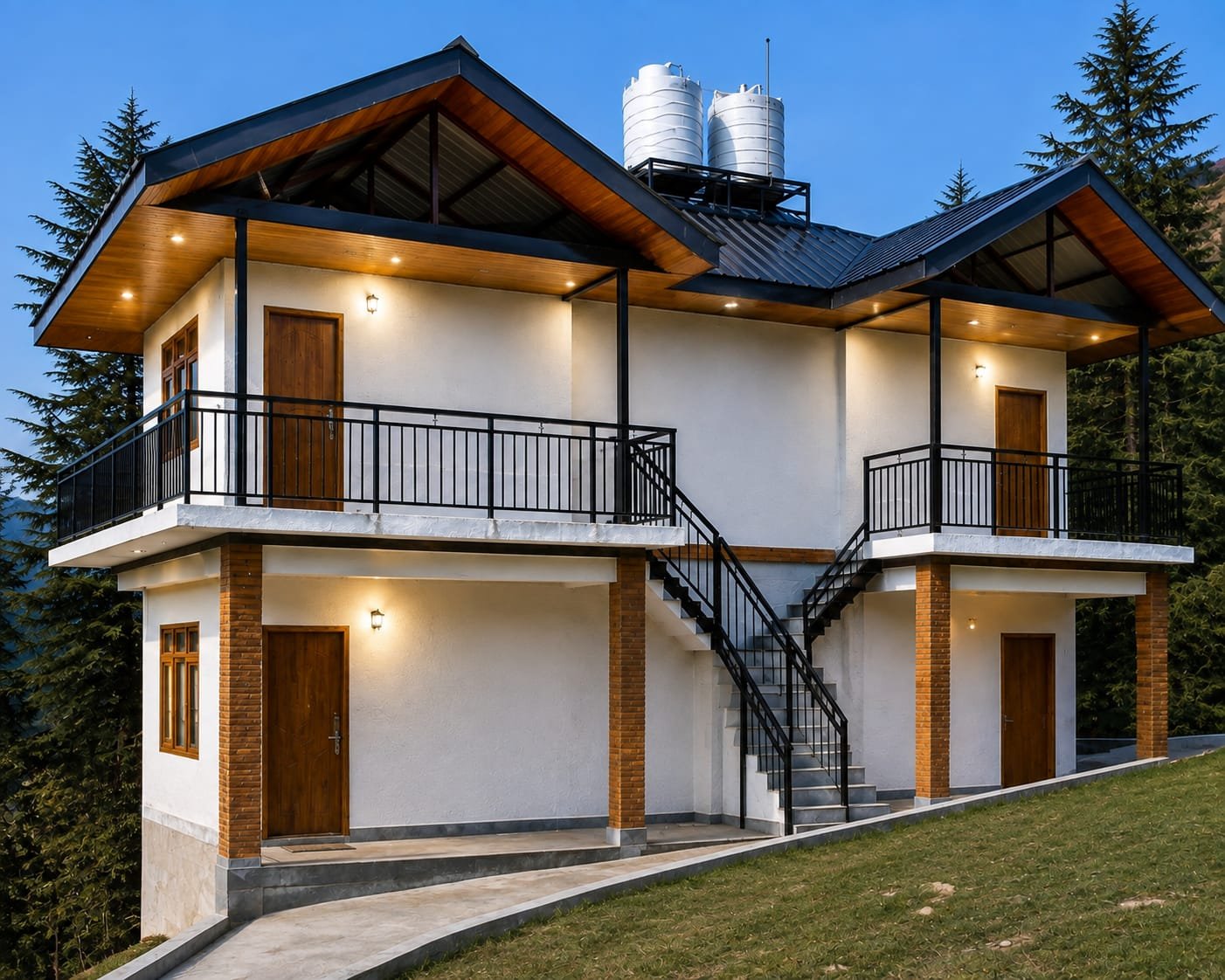 Shali Homestay exterior at blue hour